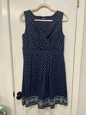 Lands End Fit & Flare Navy Blue Green Polka Dot Cotton Knit Dress M Petite 10-12